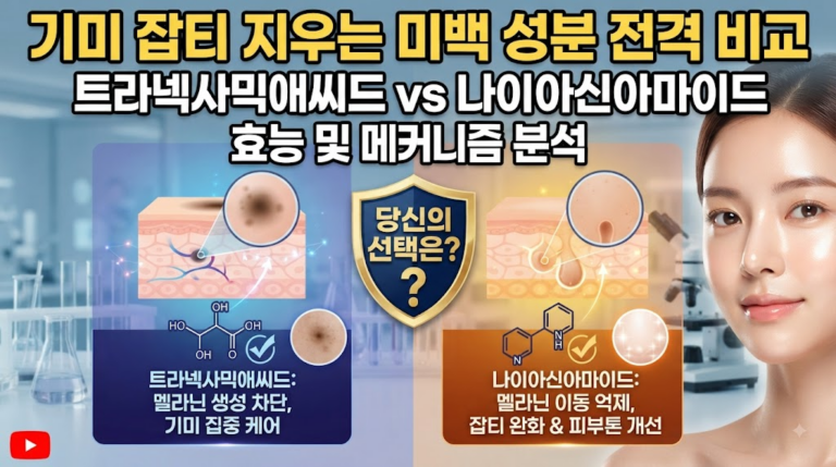 기미 잡티 지우는 미백 성분 전격 비교: 트라넥사믹애씨드 vs 나이아신아마이드 효능 및 메커니즘 분석
