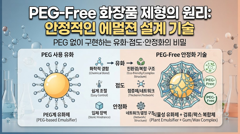 PEG-Free 화장품 제형의 원리: PEG 없이 안정적인 에멀젼을 설계하는 유화·점도·안정화 기술