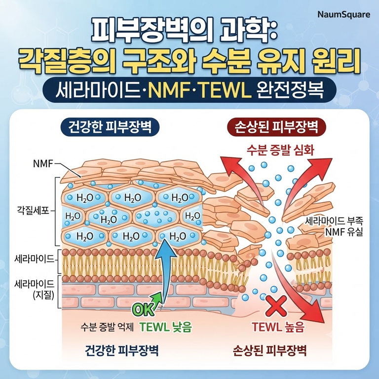 각질층의 구조와 피부 수분 유지 원리: 세라마이드·NMF·TEWL로 이해하는 피부장벽의 과학