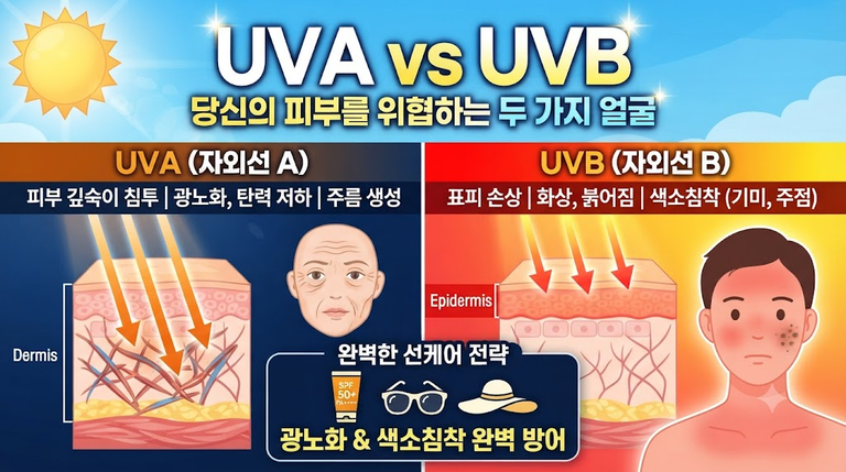 자외선 UVA와 UVB의 결정적 차이: 피부 광노화와 색소침착을 방어하는 과학적 자외선 차단(선케어) 전략