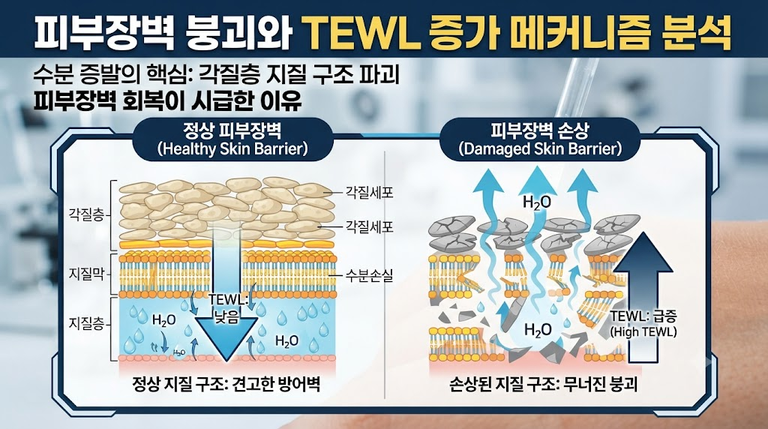 피부장벽이 무너지면 경피수분손실(TEWL)이 증가하는 이유: 각질층 지질 구조 붕괴와 수분 증발 메커니즘 분석